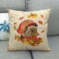 Linen autumn throw pillow cover featuring a hedgehog with red hat and leaves - Hedgehog Pattern (6) / 45x45cm
