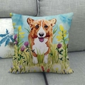 Funda de cojín de lino con estampado de acuarela de Corgi y flores en un sofá gris - 45x45 cm / Estilo de Campo de Flores (16)