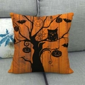 Halloween pillow cover with orange wood grain, black owls and bats on grey sofa - 18x18 Inch / Orange Wood Grain Tree Pumpkin Lamp Style (7)