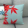 Linen pillowcase with red maple leaf reflection print on light blue background - Red Maple Water Reflection Style