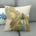 Detailed texture of linen pillowcase featuring watercolor green pumpkin and floral patterns - 18x18 Inch / Light Green Pumpkin Hydrangea