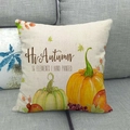 Close-up of beige linen pillowcase with hand-painted pumpkins and Hi Autumn text - 18x18 Inch / Large Yellow Pumpkin (Hi Autumn)