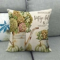 Vintage Fall linen pillowcase with watercolor pumpkin and floral prints for home decor - 18x18 Inch / Hydrangea Watering Can Pumpkin (Vintage Fall)