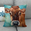 Artistic cow portrait oil painting pillow cover on a modern grey fabric sofa - Blue-Green Art Print Cow (16) / 18x18 Inch