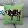 Artistic cow oil painting linen pillow cover displayed on a modern grey fabric sofa - Bright Green Cow Oil Illustration (6) / 18x18 Inch
