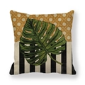Federa in lino con stampa a foglia di monstera e sfondo a strisce geometriche - Stile Foglia di Monstera (3) / 45x45cm