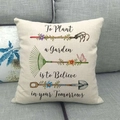 Garden theme linen pillowcase featuring floral tools and inspirational quote on grey sofa - 18x18 Inch / Believe in Tomorrow Garden Quote