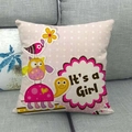 Detail of linen pillowcase with 'It's a Girl' text and owl print on a grey sofa - It's a Girl Pink Polka Dot Animals (14) / 45x45cm