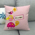 Detail of pink linen pillowcase with owl and turtle motifs and It's a Girl text - It's a Girl Pink Brick Wall Animals (16) / 45x45cm