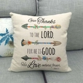 Linen pillowcase with arrow graphics and Psalm 136:1 verse on a gray sofa - 18x18 Inch / Psalm 136-1 Thanksgiving Verse Arrow