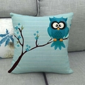 Blue linen pillow case with cartoon owl print on grey fabric sofa background - Deep Blue Owl Style(1) / 18x18 Inch