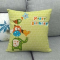 Cartoon owl and elephant linen throw pillow cover with Happy Birthday text on grey sofa - Happy Birthday Green Elephant Owl (18) / 45x45cm