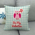 Cartoon owl linen pillowcase with blue gingham pattern and Be My Valentine print - Be My Valentine Blue Gingham Owl (19) / 45x45cm