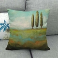 Close-up of linen pillowcase with landscape oil painting on a gray sofa - Distant Mountain Trees Pastoral (4) / 45x45cm