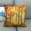 Detail of linen pillowcase with autumn forest landscape on a grey fabric sofa - Fallen Leaves Autumn Forest (10) / 45x45cm