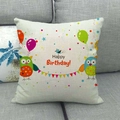 Linen cushion cover with Happy Birthday owl print and balloons on beige fabric - Happy Birthday Owl Balloons (1) / 45x45cm