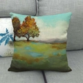 Linen autumn landscape oil painting pillowcase featuring golden trees on a grey sofa - Autumn Twin Trees Landscape (1) / 45x45cm
