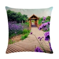 Housse de coussin carrée en lin avec paysage floral violet et pavillon en bois - 45x45cm / Pavillon aux Fleurs Violettes (2)