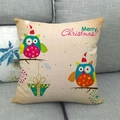 Linen Christmas pillowcase featuring cartoon owls and Merry Christmas greeting - Merry Christmas Natural Two Owls (5) / 45x45cm