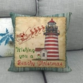 Funda de cojín de lino con faro y diseño navideño tropical Beachy Christmas de caballito de mar - Estilo de Faro de Navidad en la Playa (1)