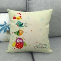 Linen Christmas pillowcase featuring colorful stacked cartoon owls and birds on a sofa - Merry Christmas Stacked Owls (6) / 45x45cm
