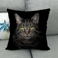 Detailed close-up of a realistic tabby cat face print on a black linen pillowcase - Green Eyed Tabby Cat (14) / 18x18 Inch
