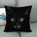 Detail of the high-quality cat face print on a soft square linen pillowcase - Mysterious Black Cat Yellow Eyes (11) / 18x18 Inch