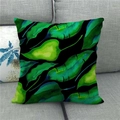 Detail of tropical green monstera leaf print on linen throw pillow cover on gray sofa - Black Bright Green Leaf Style (13)