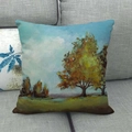 Linen pillow cover with oil painting style autumn landscape on a grey sofa - Blue Sky White Clouds Autumn Forest (6) / 45x45cm