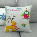 Blue Christmas linen cushion cover featuring cartoon owl and reindeer motifs - Merry Christmas Reindeer and Owl (8) / 45x45cm