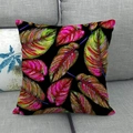 Macro detail of tropical leaf patterns on black linen throw pillow case on gray sofa - 18x18 Inch / Colorful Tropical Leaf Black (10)