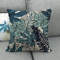 Close-up of tropical blue floral pattern and linen texture on square pillow cover - 18x18 Inch / Blue Tone Plant Print (11)