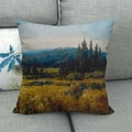Linen autumn landscape throw pillow case featuring scenic forest oil painting print - Forest Distant Mountain Wilderness (7) / 45x45cm