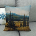 Linen throw pillow cover with autumn landscape oil painting on a gray sofa - Landscape Scenery Oil Painting (8) / 45x45cm