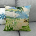 Tropical beach watercolor linen pillowcase featuring palm trees and a striped parasol - 18x18 Inch / Tropical Beach Vacation (2)