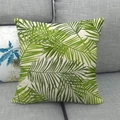 Linen square pillowcase with green tropical palm leaf print on a gray sofa - 18x18 Inch / Fresh Green Palm Leaf (14)