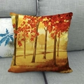 Linen pillow cover with autumn maple forest print on a cozy grey fabric sofa - Red Maple Autumn Forest Landscape (9) / 45x45cm