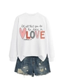 Detail of white crewneck sweatshirt with 'LOVE' graphic and denim shorts with frayed hems - White Sweatshirt (Black Text Pattern)