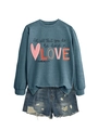 Detail of blue sweatshirt with LOVE heart print and 1 Corinthians 16:14 quote design - Blue Sweatshirt (Black Text Pattern)