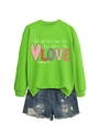 Detail of lime green sweatshirt featuring 'Let all that you do be done in LOVE' print - Neon Green Sweatshirt (White Pattern)
