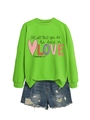 Detail of lime green sweatshirt with 'LOVE' typography and distressed denim shorts - Neon Green Sweatshirt (Black Pattern)