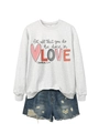 Detail of grey sweatshirt with 'let all that you do be done in LOVE' print and denim shorts - Greyish White Sweatshirt (Black Graphic)
