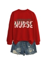 Detail of red labor delivery nurse sweatshirt with festive floral lettering and rib cuffs - S / Red