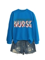 Detail of blue Labor & Delivery Nurse sweatshirt with floral pattern text on white background - S / Lake Blue
