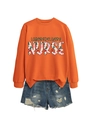 Close-up of Labor Delivery Nurse orange sweatshirt with floral text print and denim shorts - S / Orange