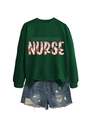Flat lay of a green Labor & Delivery Nurse sweatshirt with distressed denim shorts - Dark Green