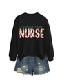 Detail of black nurse sweatshirt with floral typography and frayed denim shorts set - Black