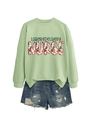 Flat lay of a green Labor & Delivery Nurse sweatshirt with floral text and denim shorts - Olive Green