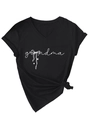 Detail of the grandma text and bow print on a black V-neck t-shirt with knotted hem - Black (White Letters)
