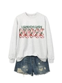 Flat lay of a grey Labor & Delivery Nurse sweatshirt with distressed denim shorts - Off-White